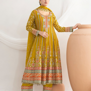Elegant Premium Silk Anarkali Set Dabka Dori, Resham & Mirror Work with Beautiful Neckline, Jhumka Lace Dupatta & Pants - Buy_5