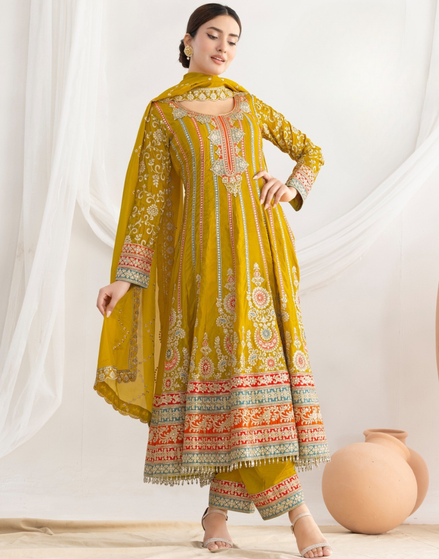 Elegant Premium Silk Anarkali Set Dabka Dori, Resham & Mirror Work with Beautiful Neckline, Jhumka Lace Dupatta & Pants - Buy_7