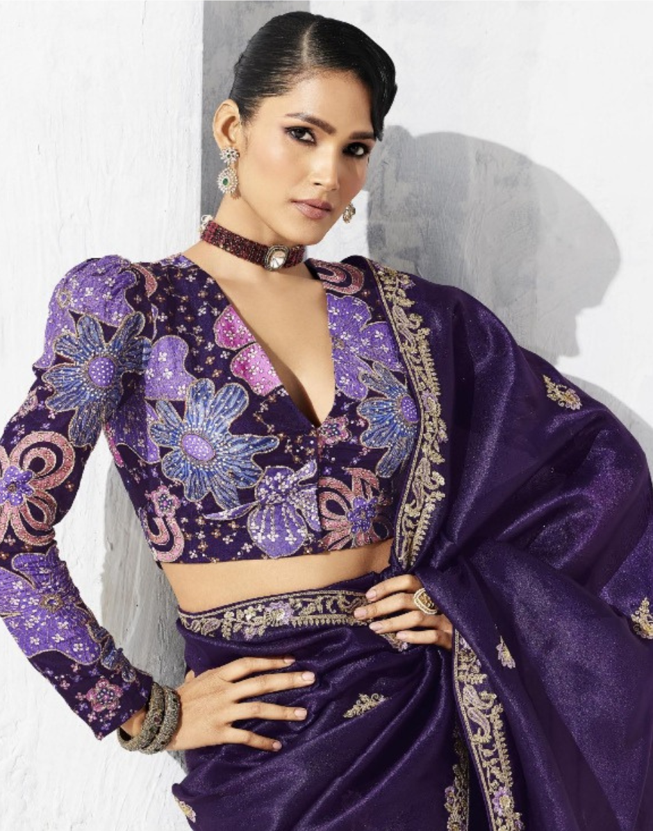 Elegant Purple Saree with Embroidered Detailing and Tailored Blouse - Buy_1