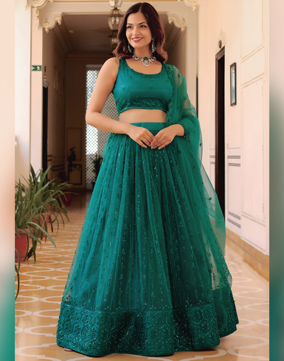 Elegant Soft Net Lehenga Set with Sequin Lace Dupatta & Sleeveless Embroidered Choli - Buy