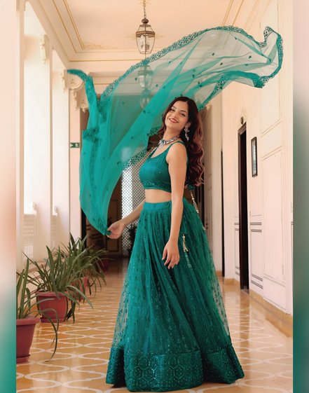 Elegant Soft Net Lehenga Set with Sequin Lace Dupatta & Sleeveless Embroidered Choli - Buy_1