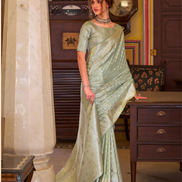 Ethereal Glow Pastel Green Satin Banarasi Saree with Zari Highlights - Buy