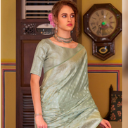 Ethereal Glow Pastel Green Satin Banarasi Saree with Zari Highlights - Buy_1