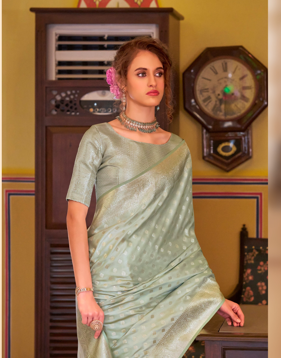 Ethereal Glow Pastel Green Satin Banarasi Saree with Zari Highlights - Buy_1