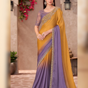 Ethnic Glamour Dual Tone Shaded Chiffon Saree with Linen Detailed Blouse - Buy