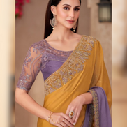 Ethnic Glamour Dual Tone Shaded Chiffon Saree with Linen Detailed Blouse - Buy_1