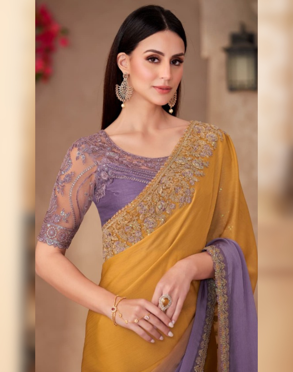 Ethnic Glamour Dual Tone Shaded Chiffon Saree with Linen Detailed Blouse - Buy_1