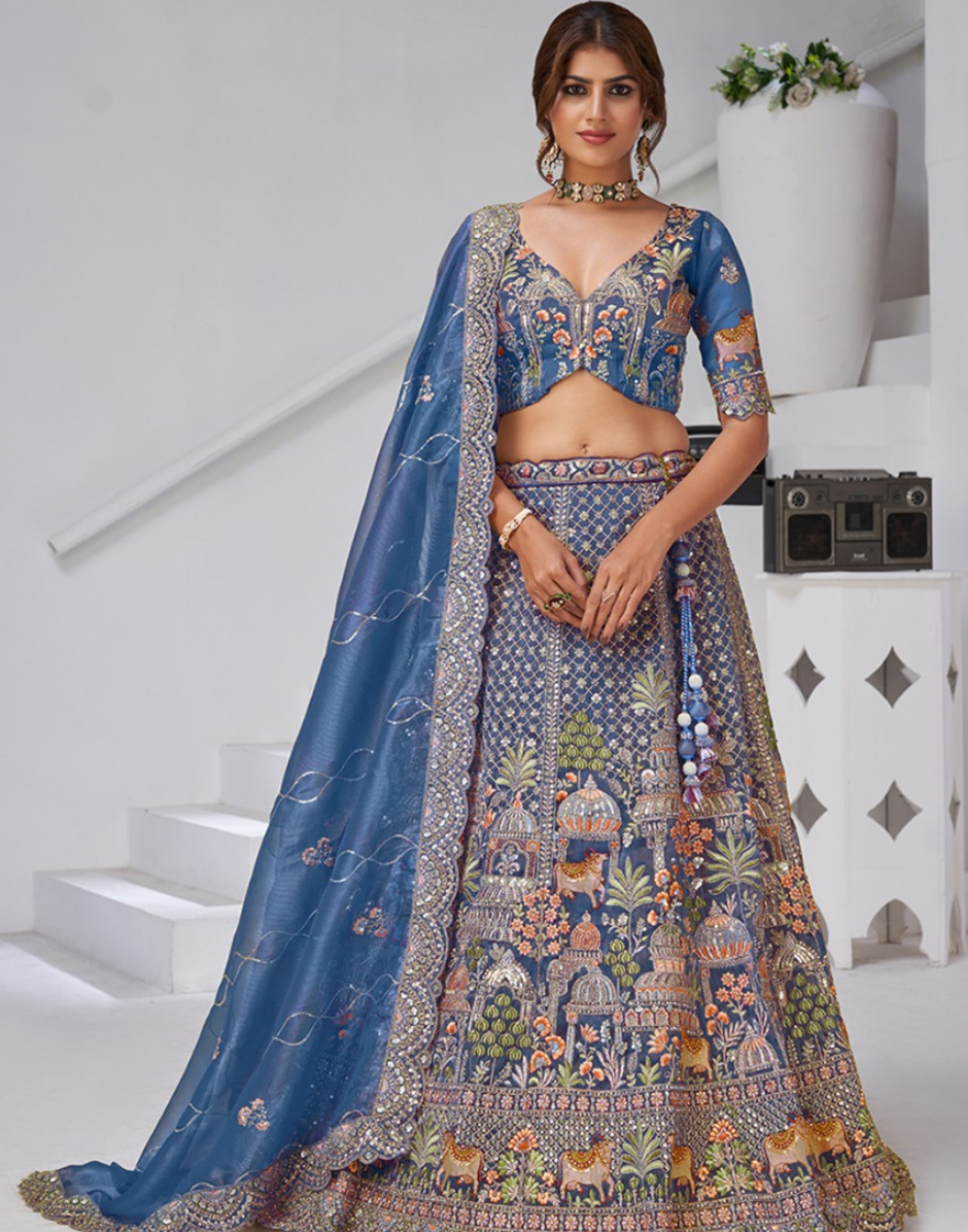 Exquisite Organza Tissue Bridal Lehenga with Temple and Cow Motifs Blouse & Dupatta Traditional Charm - Buy_1