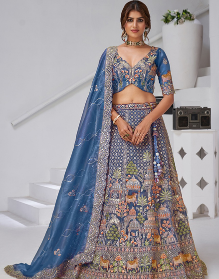 Exquisite Organza Tissue Bridal Lehenga with Temple and Cow Motifs Blouse & Dupatta Traditional Charm - Buy_1