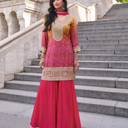Festive Favorite Orange Pink Chinon Silk Palazzo Set with Embroidered Dupatta - Buy