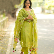 Festive Lime Green Handwoven Jamdani Cotton Suit Set with Dupatta & Pants - Buy