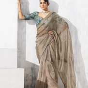 Festive Perfect Beige Embroidered Saree with Printed Blouse - Buy