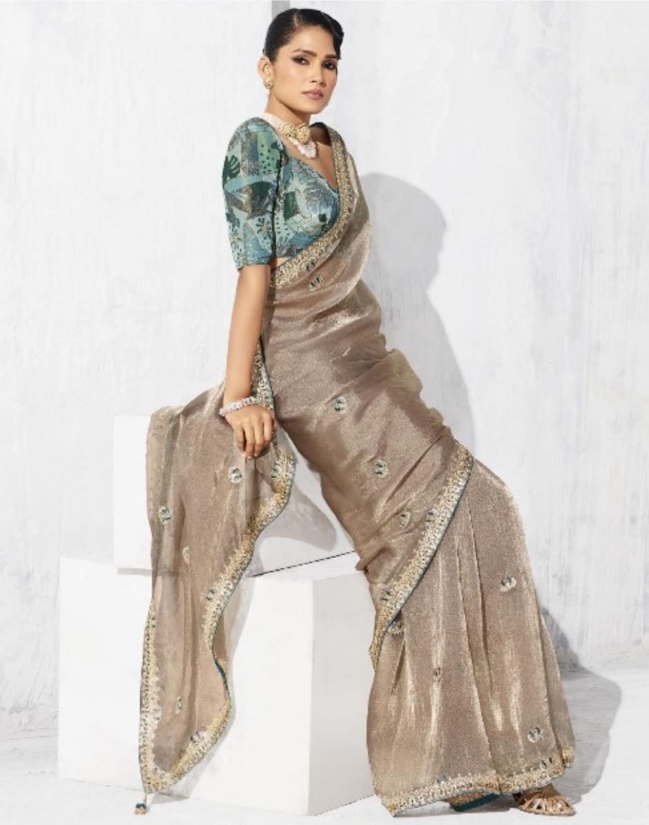 Festive Perfect Beige Embroidered Saree with Printed Blouse - Buy_1