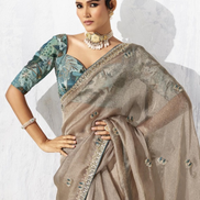 Festive Perfect Beige Embroidered Saree with Printed Blouse - Buy_2