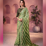 Festive Pista Green Bandhani Shaded Print Saree Embroidered & Embellished Satin Silk Saree - Buy