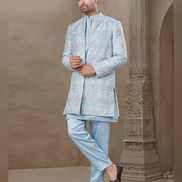 Floral Jacquard Silk Men’s Kurta Set in Sky Blue Wedding & Festive Outfit