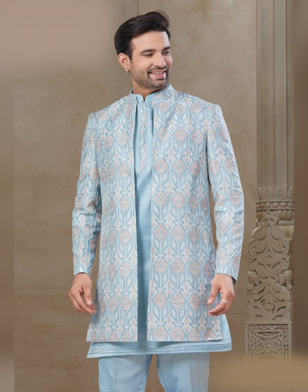 Floral Jacquard Silk Men’s Kurta Set in Sky Blue Wedding & Festive Outfit_1