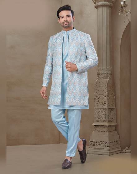 Floral Jacquard Silk Men’s Kurta Set in Sky Blue Wedding & Festive Outfit_2