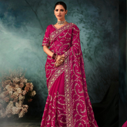 Fuchsia Elegance Fancy Saree Dark Pink Fabric with Intricate Aari and Handwork Motifs - Buy