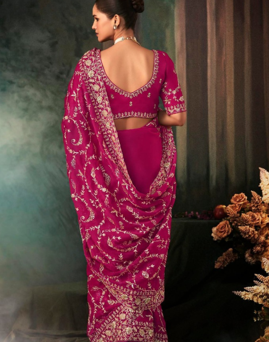 Fuchsia Elegance Fancy Saree Dark Pink Fabric with Intricate Aari and Handwork Motifs - Buy_3