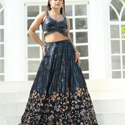 Glamorous Black Lehenga Choli with Floral Sequin Embroidery & Dupatta