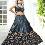 Glamorous Black Lehenga Choli with Floral Sequin Embroidery & Dupatta_2