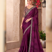 Glamorous Fine Wine Satin Chiffon Saree & Satin Embroidered Blouse - Buy