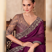 Glamorous Fine Wine Satin Chiffon Saree & Satin Embroidered Blouse - Buy_1