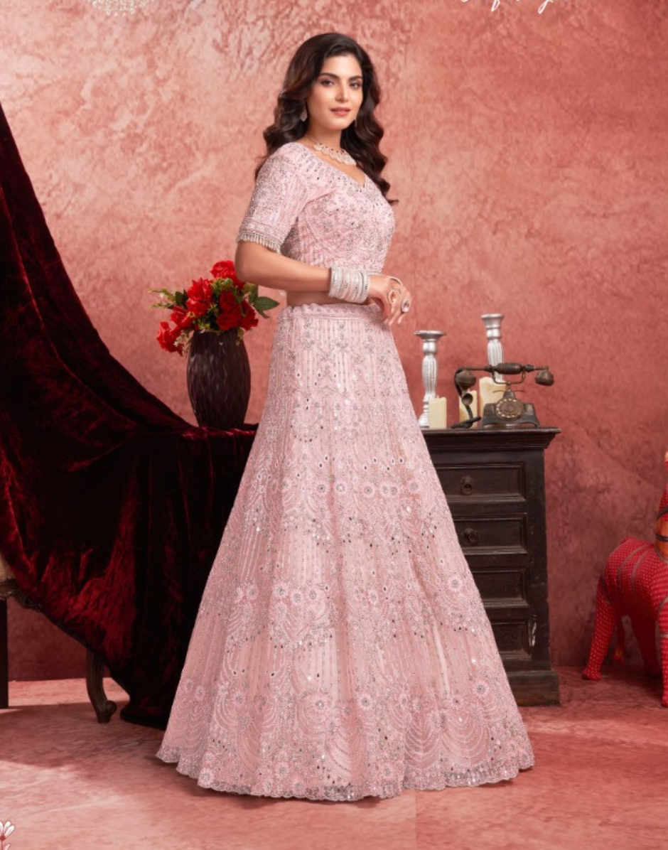 Glamorous Glow Baby Pink Lehenga with Mirror Zarkan Artisan Craft - Buy_1
