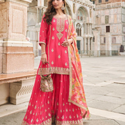 Glamorous Pink Silk Sharara Set Embroidered Top with Dupatta for Elegant Ethnic Look - Buy