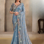 Glamorous Two-Tone Bluish Grey Satin Saree with Sequin, Pearl & Thread Hand Embroidery Blouse - Buy