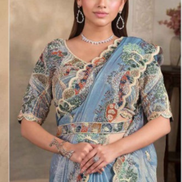 Glamorous Two-Tone Bluish Grey Satin Saree with Sequin, Pearl & Thread Hand Embroidery Blouse - Buy_1