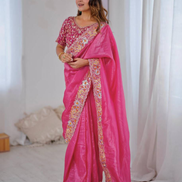 Golden Glamour Embroidered Crush Silk Saree with Blouse Piece - Buy