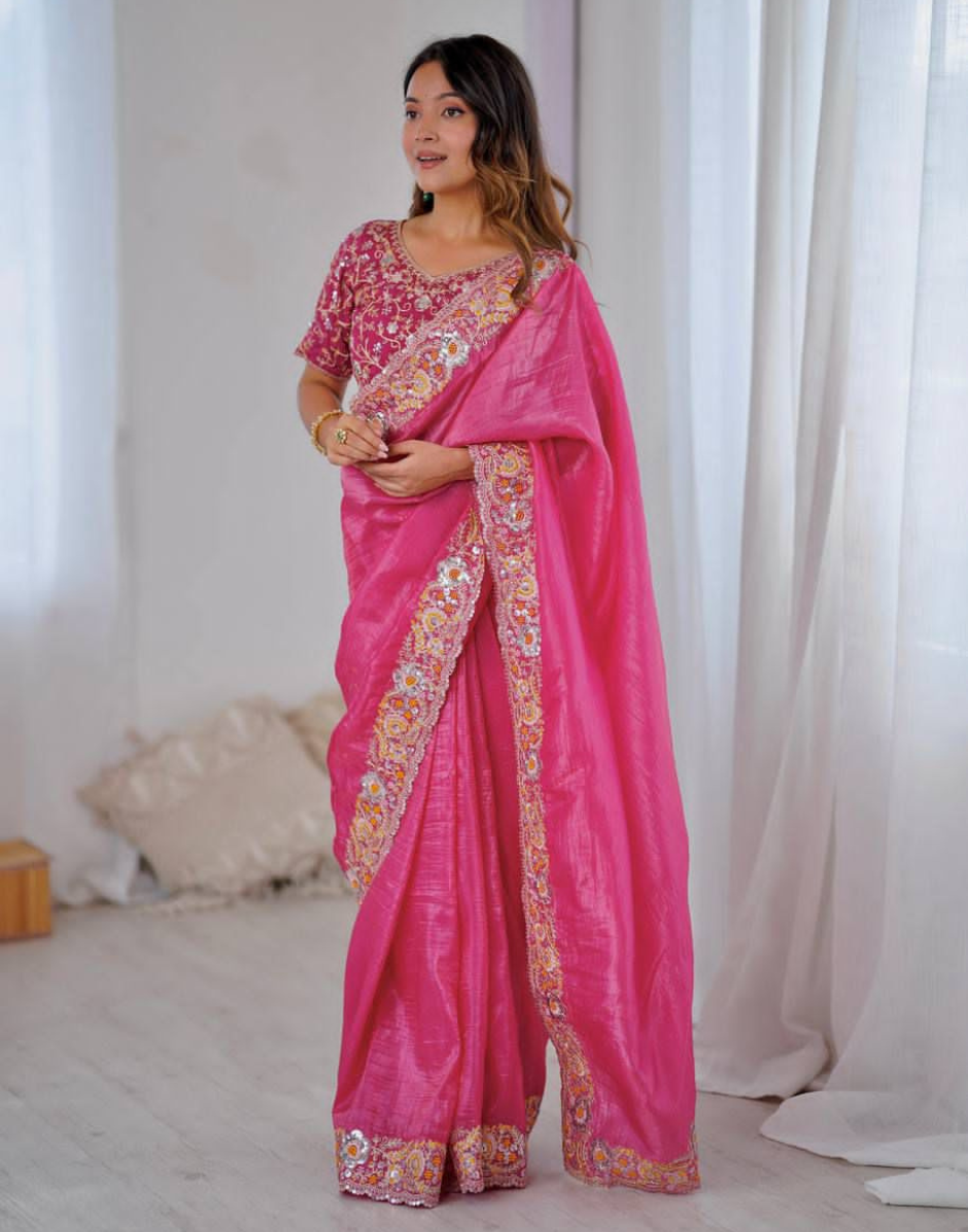 Golden Glamour Embroidered Crush Silk Saree with Blouse Piece - Buy