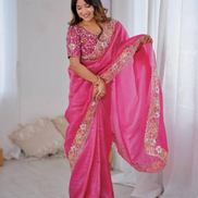 Golden Glamour Embroidered Crush Silk Saree with Blouse Piece - Buy_1