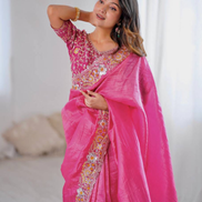 Golden Glamour Embroidered Crush Silk Saree with Blouse Piece - Buy_2