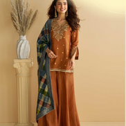 Graceful Brown Chinon Silk Suit Set Embroidery Detail with Palazzo & Dupatta - Buy