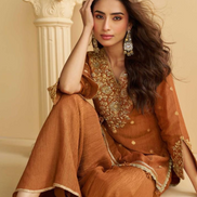 Graceful Brown Chinon Silk Suit Set Embroidery Detail with Palazzo & Dupatta - Buy_1