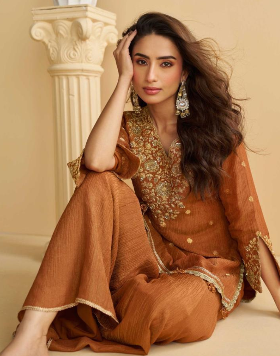 Graceful Brown Chinon Silk Suit Set Embroidery Detail with Palazzo & Dupatta - Buy_1