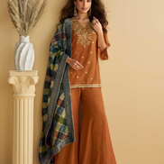 Graceful Brown Chinon Silk Suit Set Embroidery Detail with Palazzo & Dupatta - Buy_2