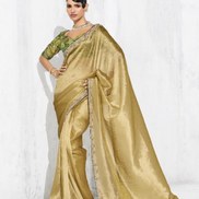 Graceful Golden Embroidered Saree Set Paired with Contrast Printed Blouse - Buy