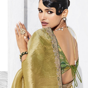 Graceful Golden Embroidered Saree Set Paired with Contrast Printed Blouse - Buy_1