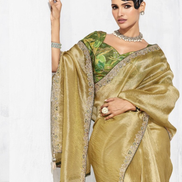 Graceful Golden Embroidered Saree Set Paired with Contrast Printed Blouse - Buy_2