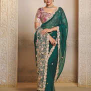 Graceful Green Organza Silk Saree with Multi-Stone Thread Embroidery & Handwork Satin Blouse - Buy