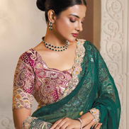 Graceful Green Organza Silk Saree with Multi-Stone Thread Embroidery & Handwork Satin Blouse - Buy_1