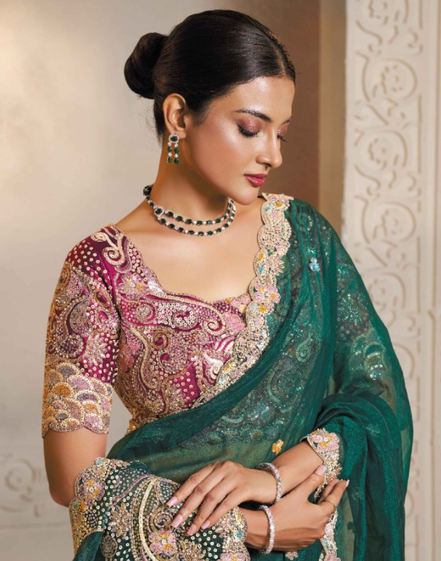 Graceful Green Organza Silk Saree with Multi-Stone Thread Embroidery & Handwork Satin Blouse - Buy_1