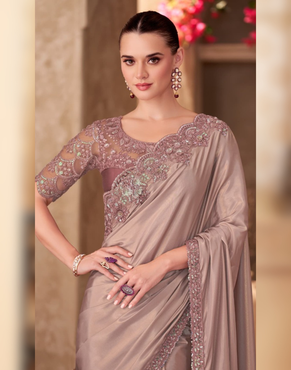 Graceful Mauve Shimmer Saree in Silk Crepe with Detailed Satin Chiffon Blouse - Buy_1