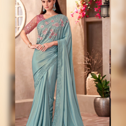 Graceful Sky Blue Shimmer Saree in Silk Crepe with Linen Work Blouse Combo - Buy