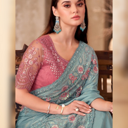 Graceful Sky Blue Shimmer Saree in Silk Crepe with Linen Work Blouse Combo - Buy_1