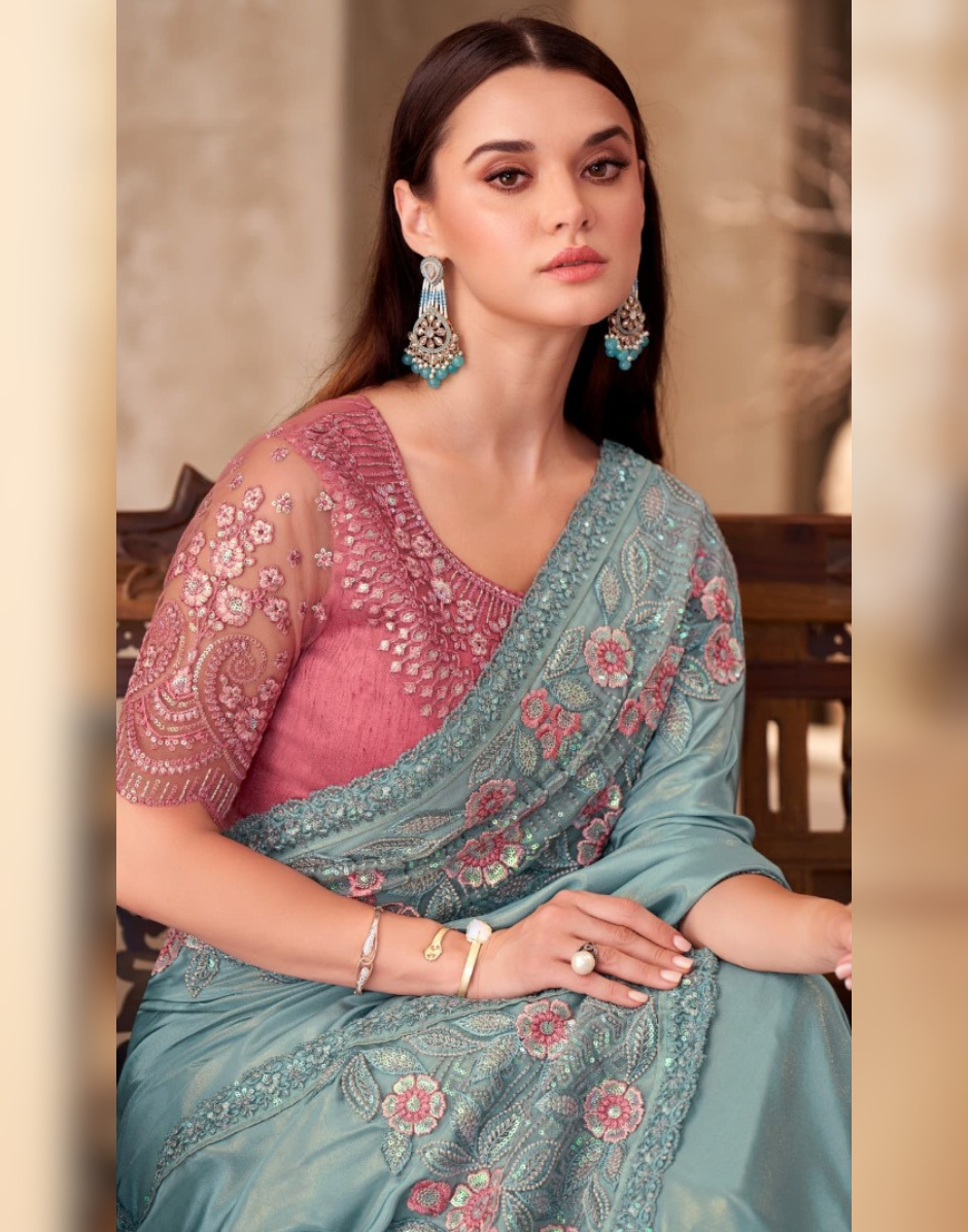 Graceful Sky Blue Shimmer Saree in Silk Crepe with Linen Work Blouse Combo - Buy_1